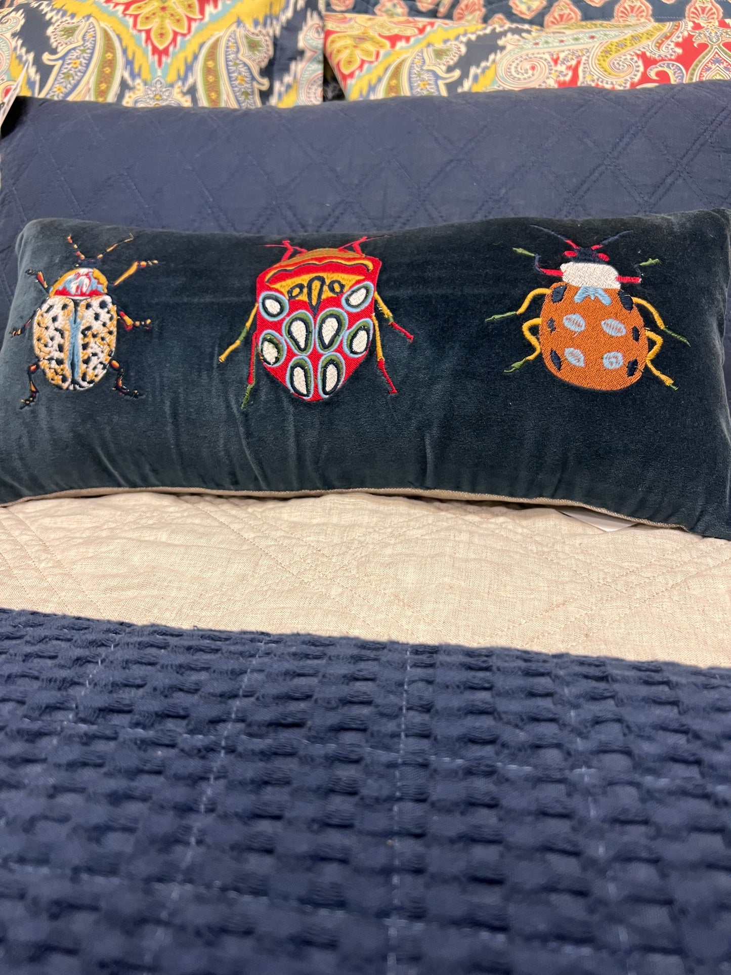 Cotton Velvet Lumbar Pillow w/Bug Embroidery 18"L x 8"H