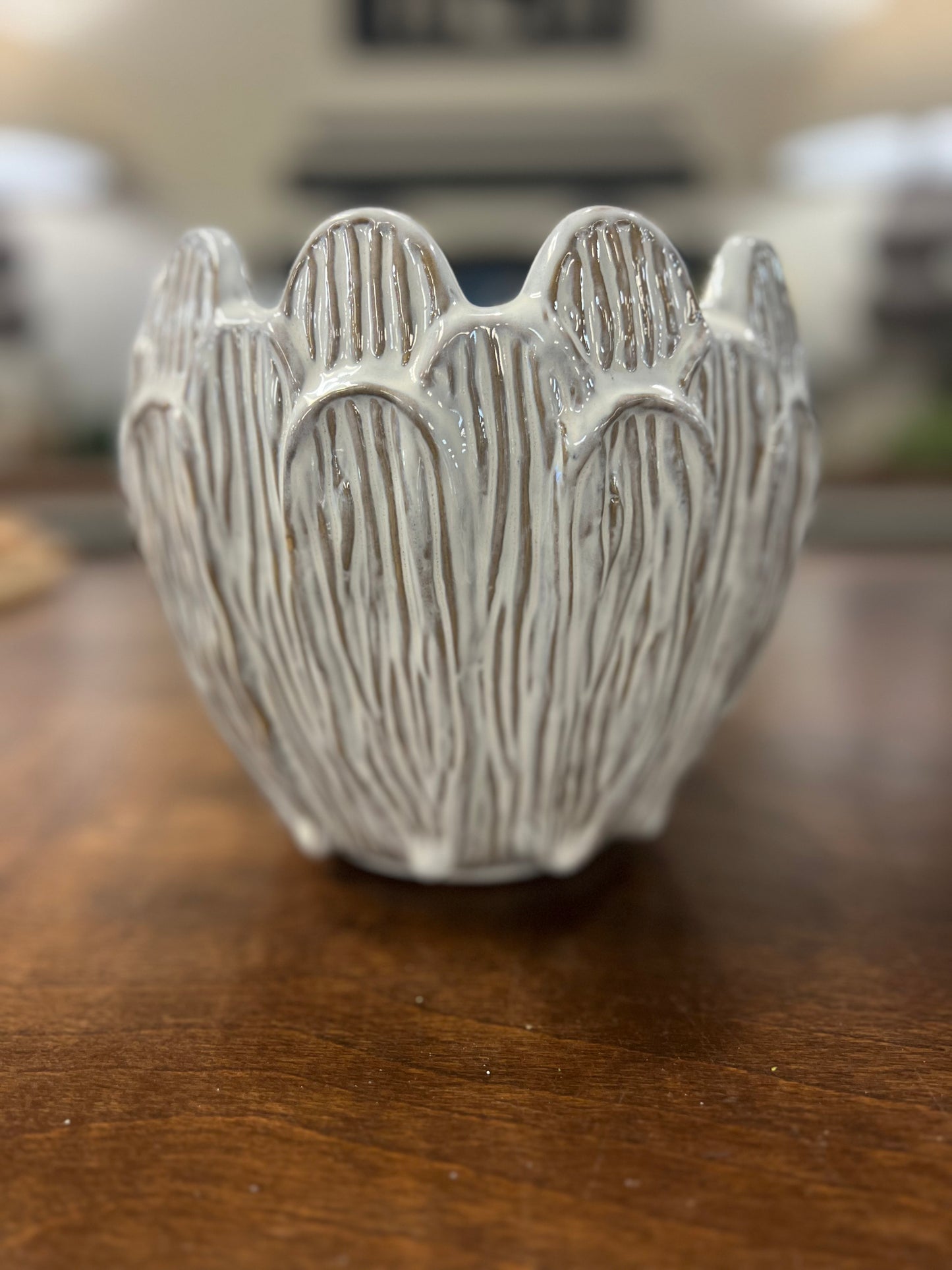 Debossed Stoneware Flower Shaped Planter Reactive Glaze