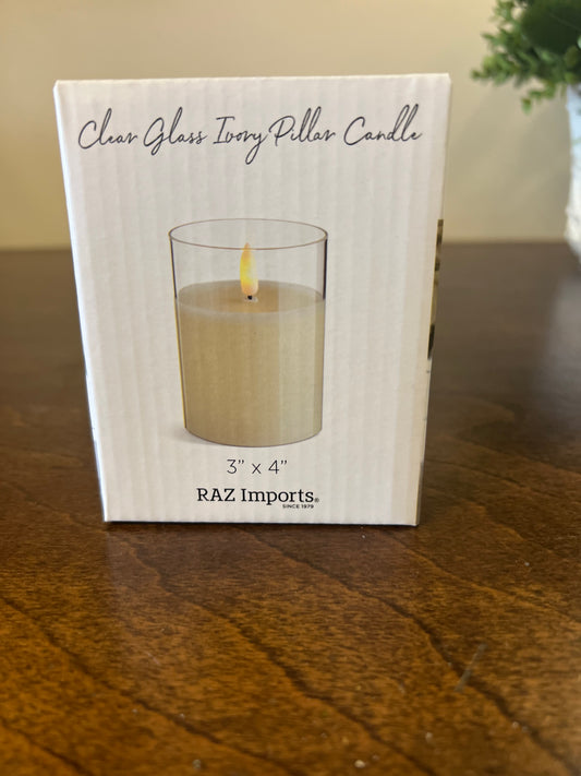 Clear Glass Ivory Pillar Candle  3 X 4"