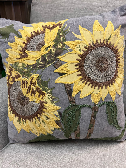 Embroidered Sunflower Pillow